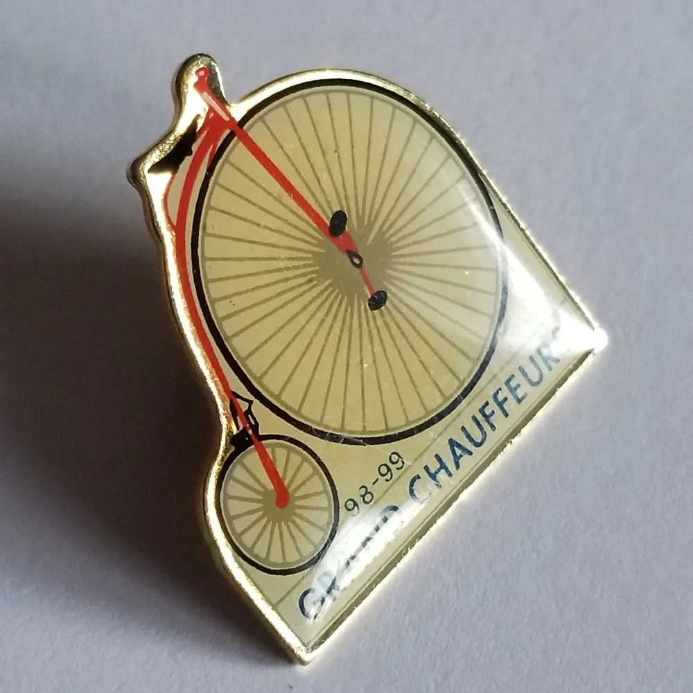 Vintage pin Grand Chauffeurs bicycle  enamel brooch penny farthing high